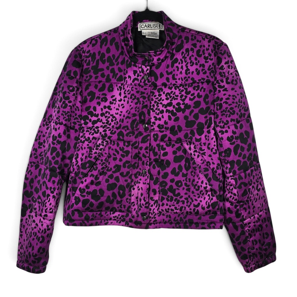 Carlisle Silk Quilted Jacket Women 10 Silk Leopard Purple Black Snap Zip Vibrant